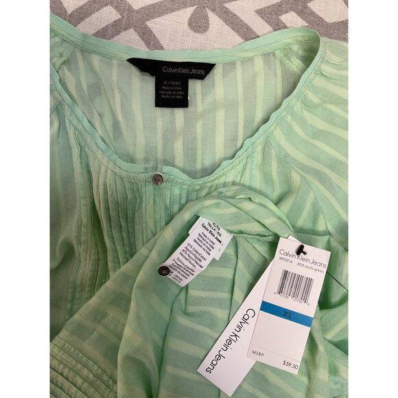 NWT Calvin Klein Light Green Gauze Cotton Pintuck Blouse Top Size XL - Picture 4 of 6